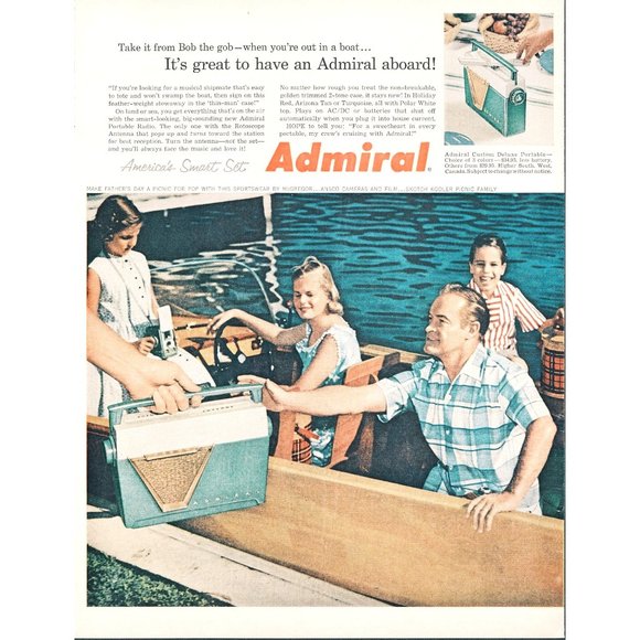 1956 Admiral Custom Deluxe Portable Radio Vintage Print Ad Bob Hope Wood Boat - Picture 1 of 1